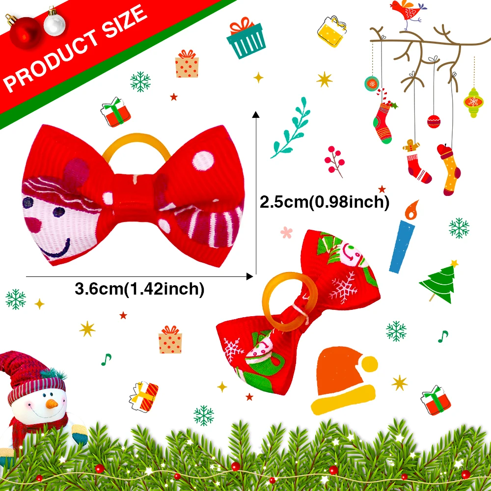 100pcs Christmas Dog bows Dog Hair Accessories Xmas Pet Small Dog Hair Bows Pet Supplies Rubber Santa Snowman Bows For Dogs