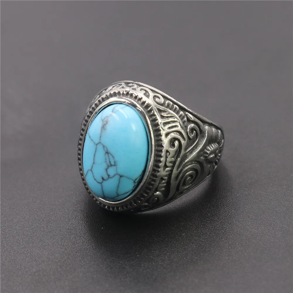 Megin D Vintage Street Chic Turquoise Carve Stainless Steel Men's Rings for Men Father Lover Friend Fashion Design Gift Jewelry