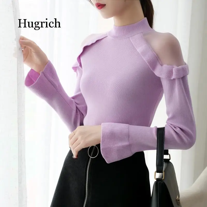 New Fashion Flare Sleeve Off Shoulder Women's Sweater Autumn Korean Slim Fit Turtleneck Women Sweaters Pull Femme