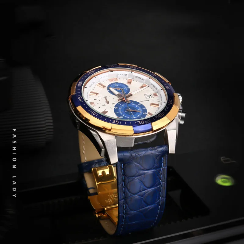 Universal Strap For Lon-gines Ome-ga TAG Heuer Blue Crocodile Leather Watchband Men's Women's Butterfly Buckle Bracelet 18 20mm