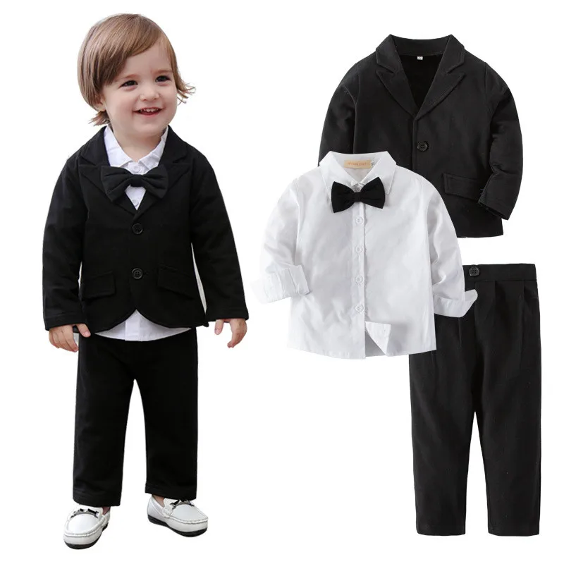 

toddler boys clothing 3pcs black jacket+pants+white shirt boys gentleman bow tie outfits infant formal suits party baby clothes