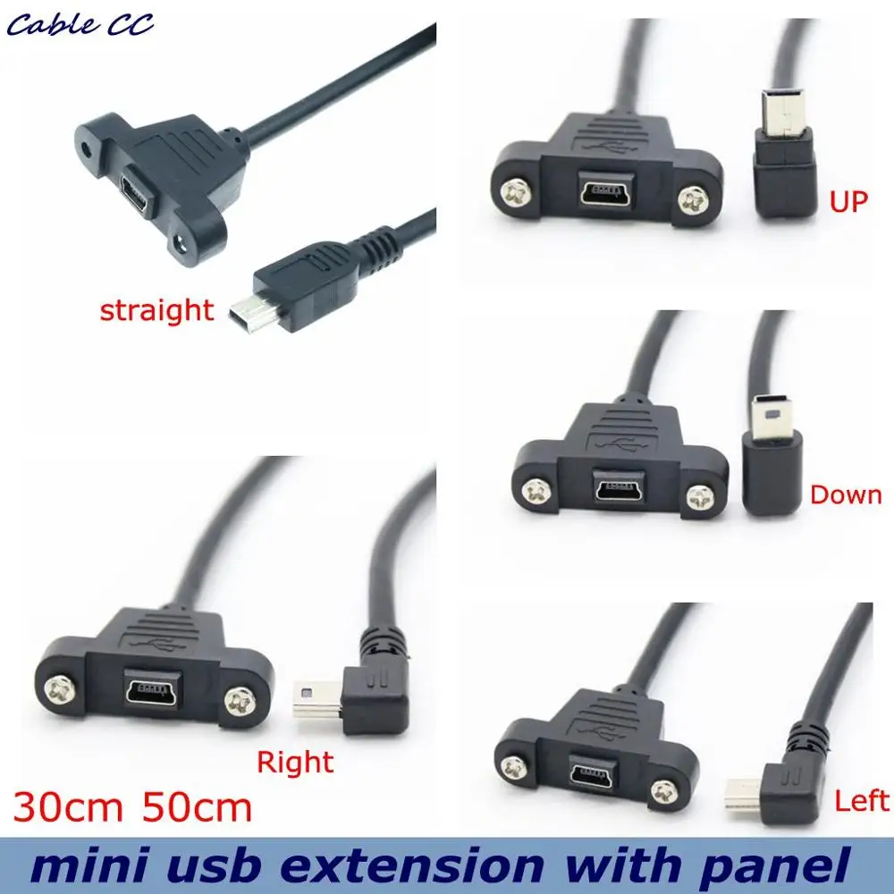 Mini USB Up Down Left Right Angled Elbow mini USB B 5pin 2.0 Male to Female Extension Cable 30cm 50cm With Panel Mount Hole 30cm