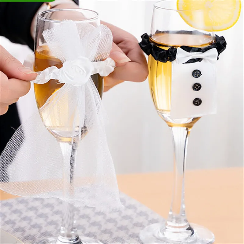 2 unids/set velo de novia pajarita novia y novio esmoquin velo de novia fiesta de boda tostado vasos de vino decoración decoración del banquete de