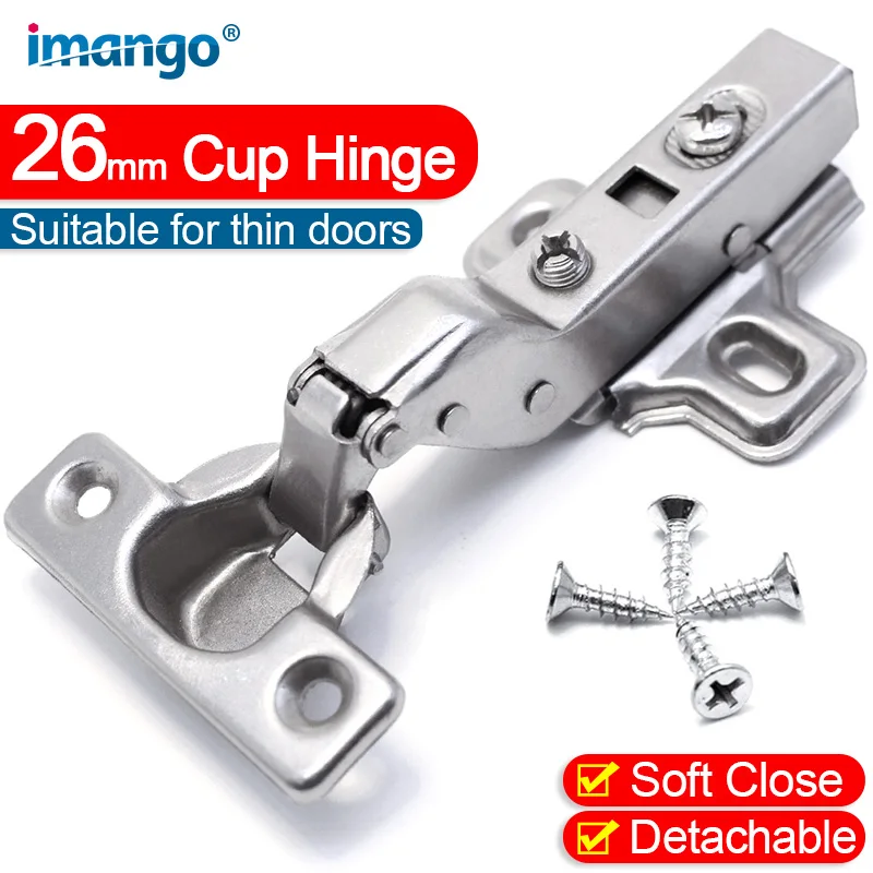 Adjustable Cabinet Door Hinges 26 Cup Soft Self Closing Kitchen Frameless Steel Small Hinges 95 Degree Opening Buffer Dampers