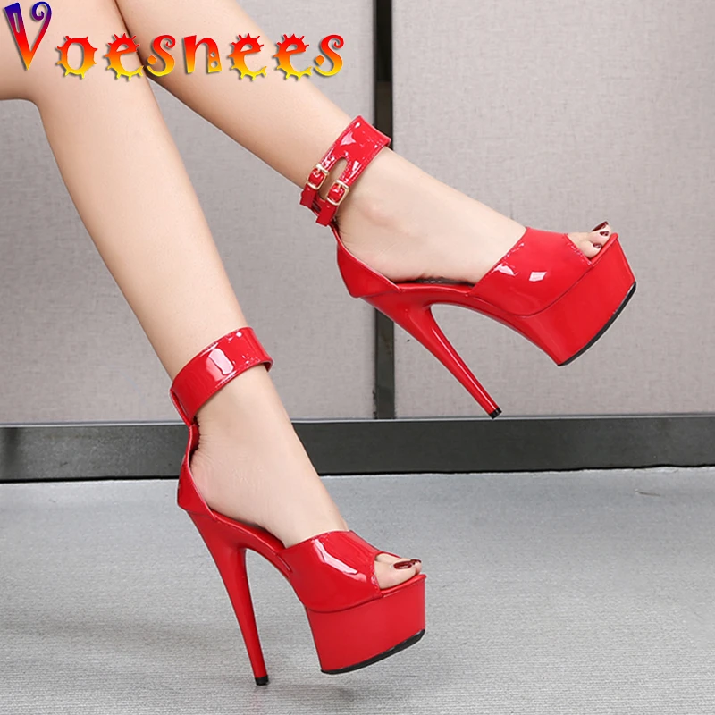 Voesnees Women Shoes Summer 2021 New Patent Leather Sandals Waterproof Platform Thin Heels Pole Dance Shoes Stripper High heels