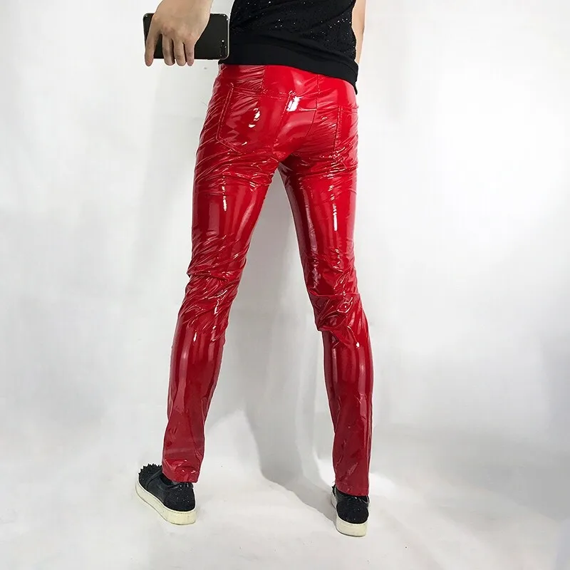 Hot Sexy Red Tight Stretch Mens Mirror PU Leather Pants Gothic Fashion Full Length Nightclub Wear Male Pencil Pants Plus Size