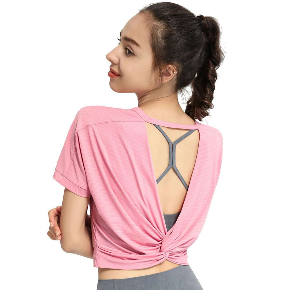 Sports Blouse Woman Casual Crop Top For Fitness Nylon Backless Breathable Gym Jogging Yoga Workout Short Sleeve Yoga Shirts