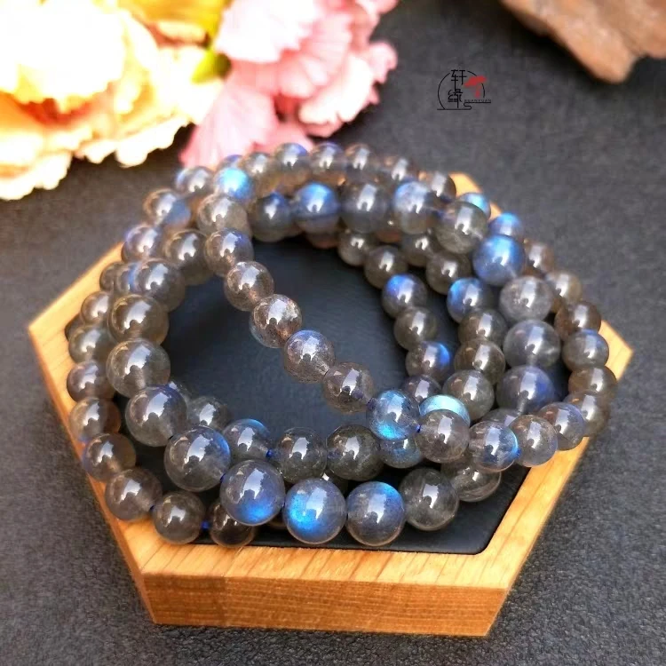 Natural Blue Light Labradorite Clear Round Beads Bracelet Women Men Big Grey Moonstone Labradorite 7mm 8mm 9mm 10mm 11mm AAAAA