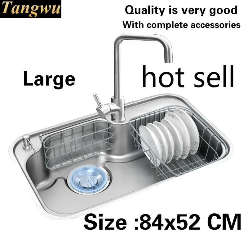 

Free shipping Hot sell standard luxurious kitchen single trough sink durable 304 food-grade stainless steel fashion big 84x52 CM