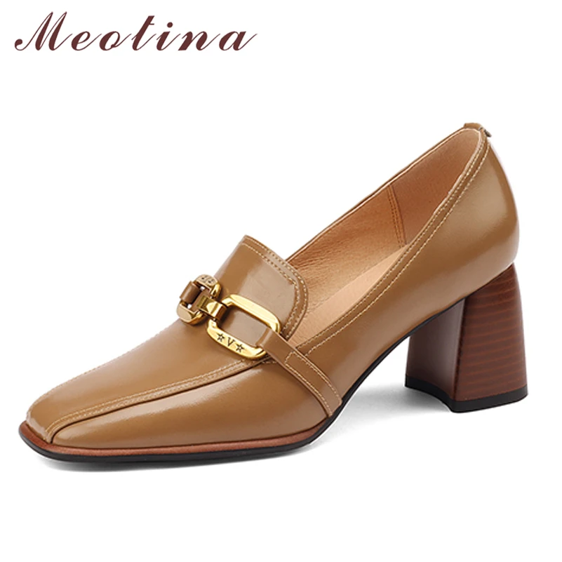 

Meotina Genuine Leather Women Loafers Shoes Thick Heels Pumps Chain Square Toe High Heel Ladies Footwear Spring Autumn Yellow 42