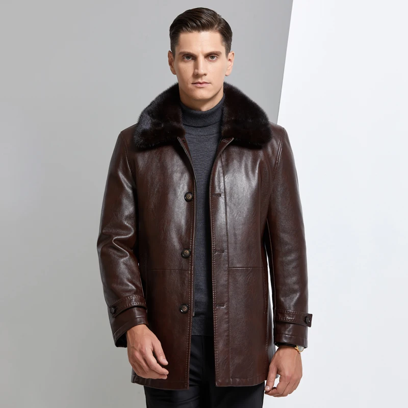2025 جديد الرجال سترة دافئة الفراء بطانة الشتاء سترة جلدية الرجال الأسود/القهوة الفراء طوق انفصال فيستي أوم ، حجم كبير M-4XL
