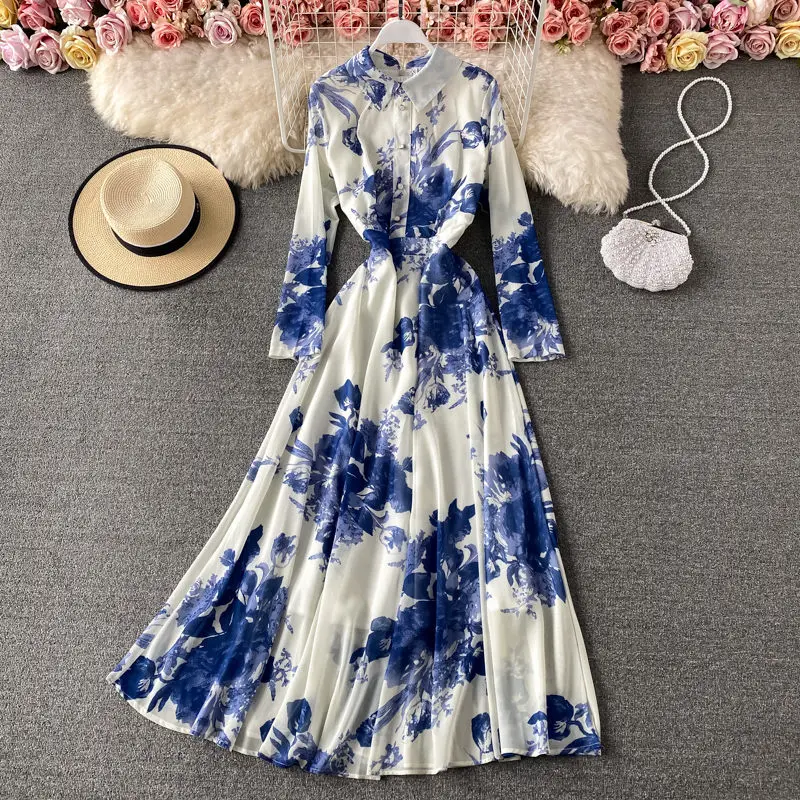สไตล์อ่อนโยนเสื้อคอปกชุดผู้หญิงฤดูใบไม้ร่วง Retro ภาพวาดหมึกพิมพ์ Slim Long Maxi ชุดแขนยาว Femme Robe M035