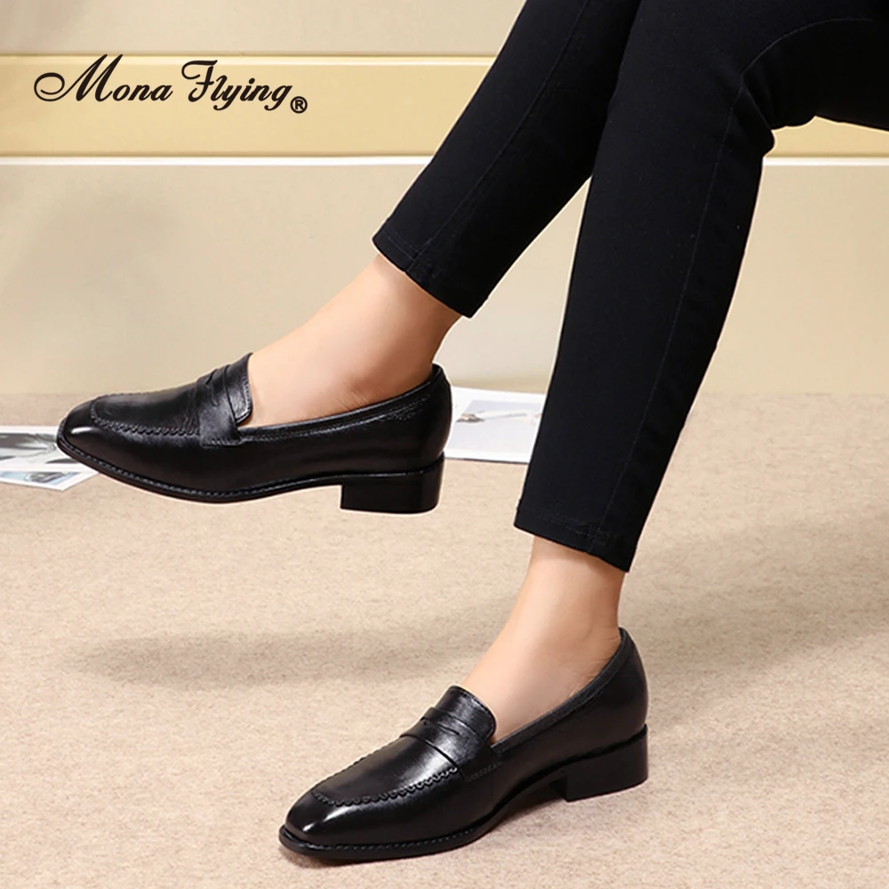 Mona Flying Women\'s Genuine Leather Penny Loafers Handmade Casual Slip on Flats Comfortable Square Toe Office Work Shoe 728-69