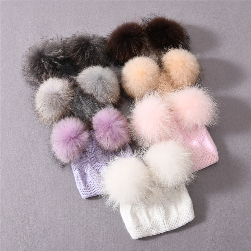 Winter Baby Cute Beanie Hats Thick Warm Double Layer Fluffy Fur Pom Pom High Quality Cashmere Knitted Beanies Hats Kids Children