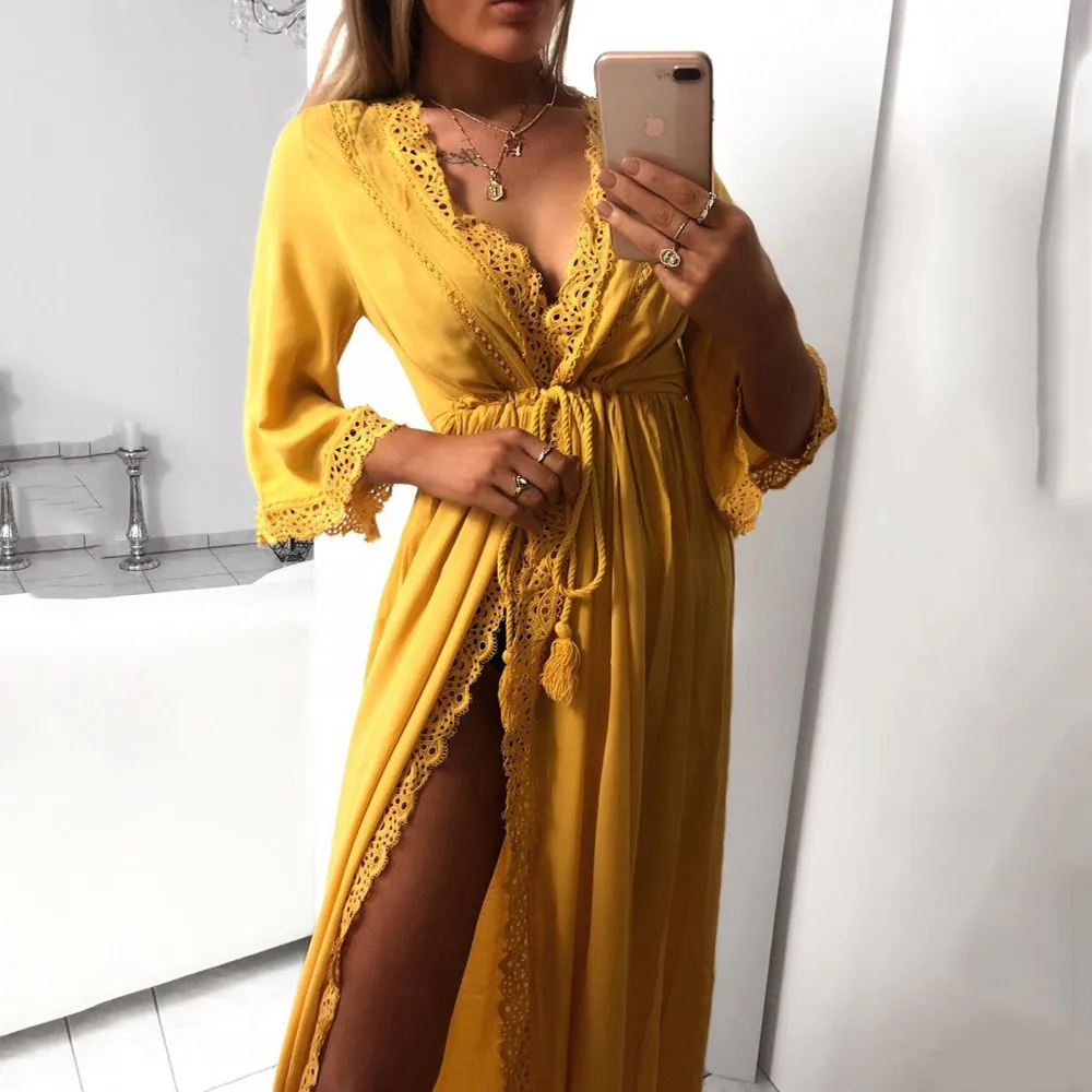 Womens Long Robe Beach Cardigan Dress Soft Sexy Hollow Out Lace Tie Up Waist Slim Fit Casual Loose Summer Dress Maxi Female