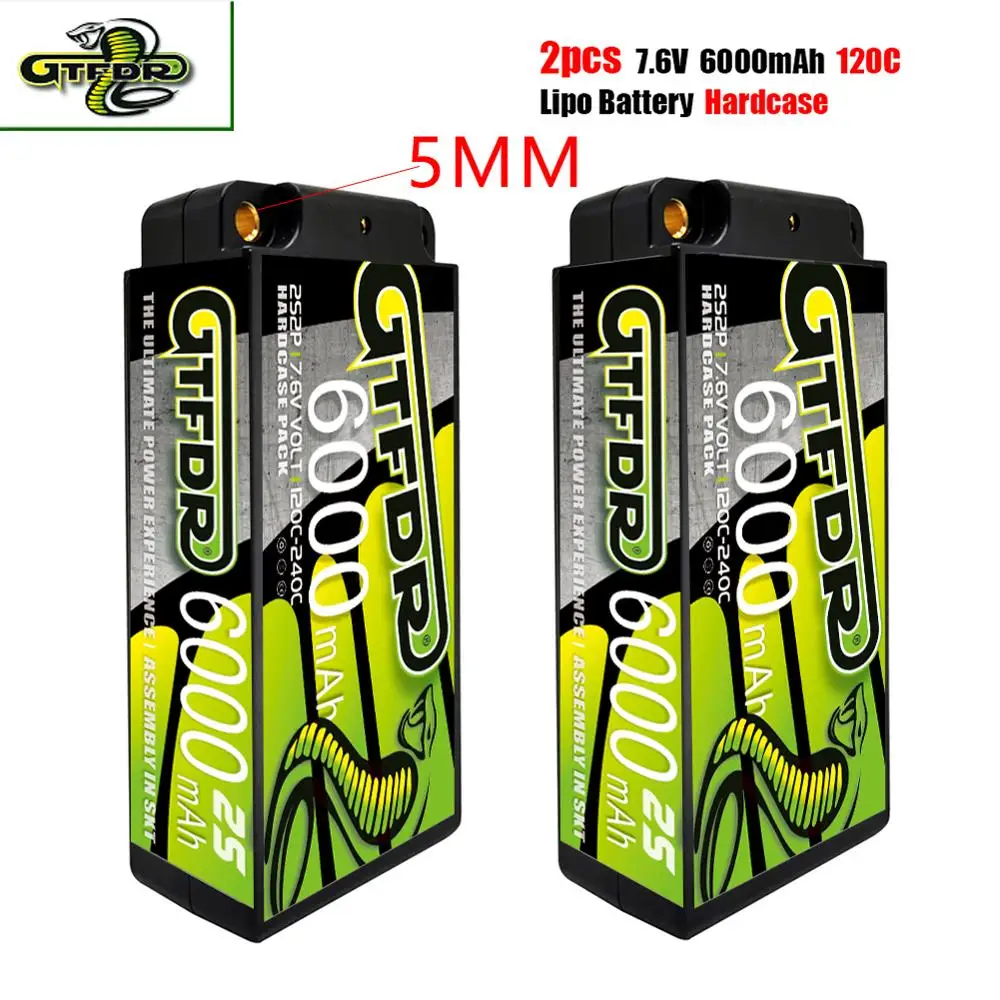 

GTFDR RC Lipo Battery HV 2S Shorty 7.6V 6000mah 120C Hardcase 4mm 5mm Bullet Competition Short-Pack for 1/10 Buggy Truck Car