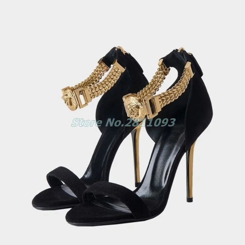 Black and Gold Chains Evening Shoes Sexy Stiletto Heels Sandals Suede Thin High Heels Ankle Metal Chain Decor Summer Sandals