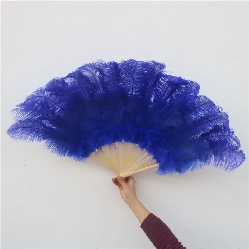wholesale 15 bones beautiful sapphire fluffy ostrich feathers fan for dance celebration performance props feather fan plume