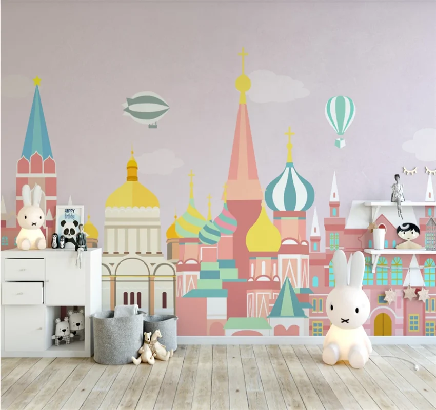 XUESU Nordic city architectural illustration children's room background wall paper mural 8D wall covering