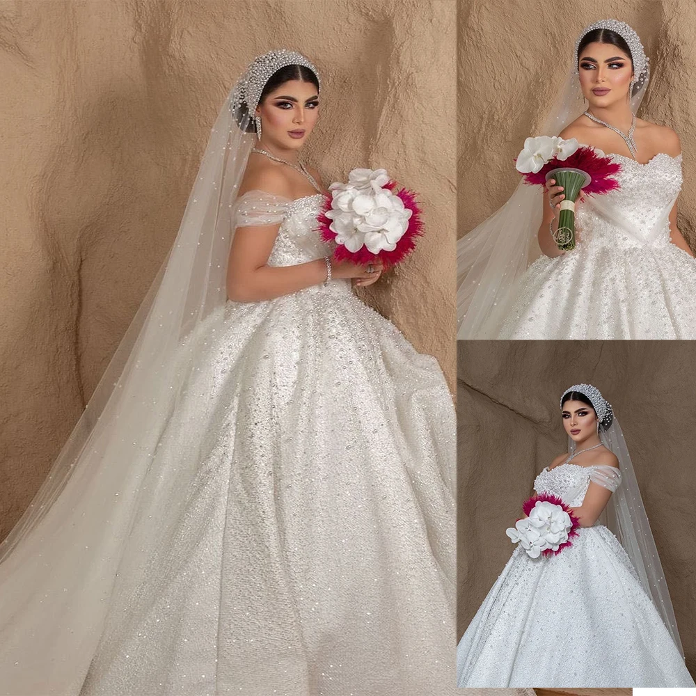 

Arabic Luxury Ball Wedding Dresses Tulle Beads Vestidos De Novia Custom Made Gown Off Shoulder Country Bridal Dresses