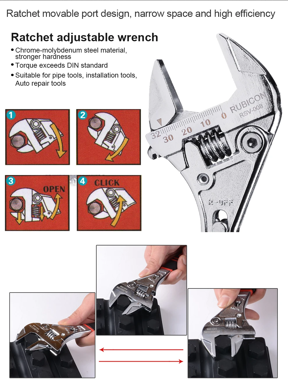 8 Inch Ratchet Rapid Adjustable Wrench Hardness Wide Ratchet Jaw Opening Adjustable Spanner and Plumbing Repair Tool