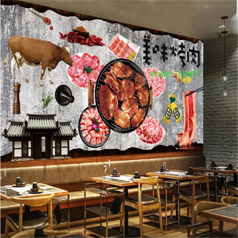 Custom Hand-Korean Beef Theme Restaurant Landscape  wall paper Korean style bbq Background  Industrial Decor Mural Wallpaper 3D