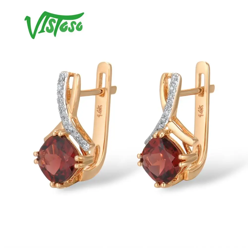 VISTOSO Gold Earring For Women Genuine 14K 585 Rose Gold Radiant Garnet Sparkling Diamond Earring Engagement  Wedding Jewelry