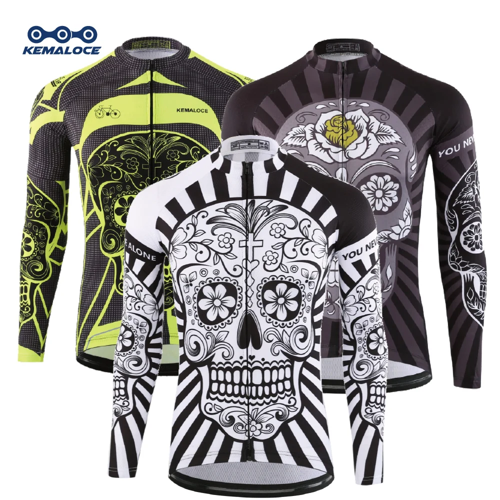 KEMALOCE 2023 Autumn Pro Long Sleeve Cycling Jersey Skull Retro Men Full Sleeve Cycles Shirt Wear Team Men Bicycle Bike Jersery