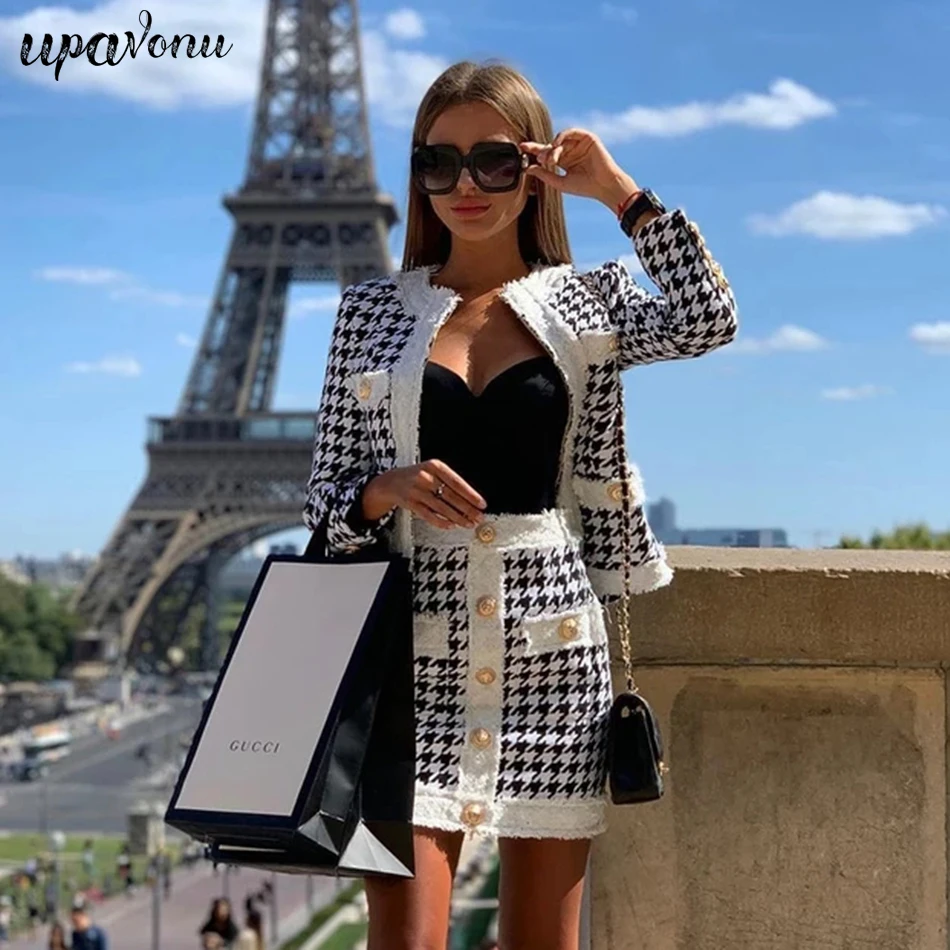 2024 Autumn Women\'S Houndstooth Tweed 2 Piece Sets Of Sexy Long-Sleeved Round Neck Button Coat + Short Pencil Skirt Party Suits