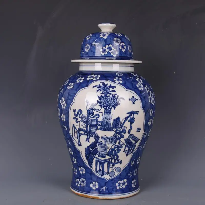 

Qing Dynasty Kangxi Blue And White Bo Gu Pattern porcelain Ginger Jar Home Old Retro Decorative ceramic temple jar