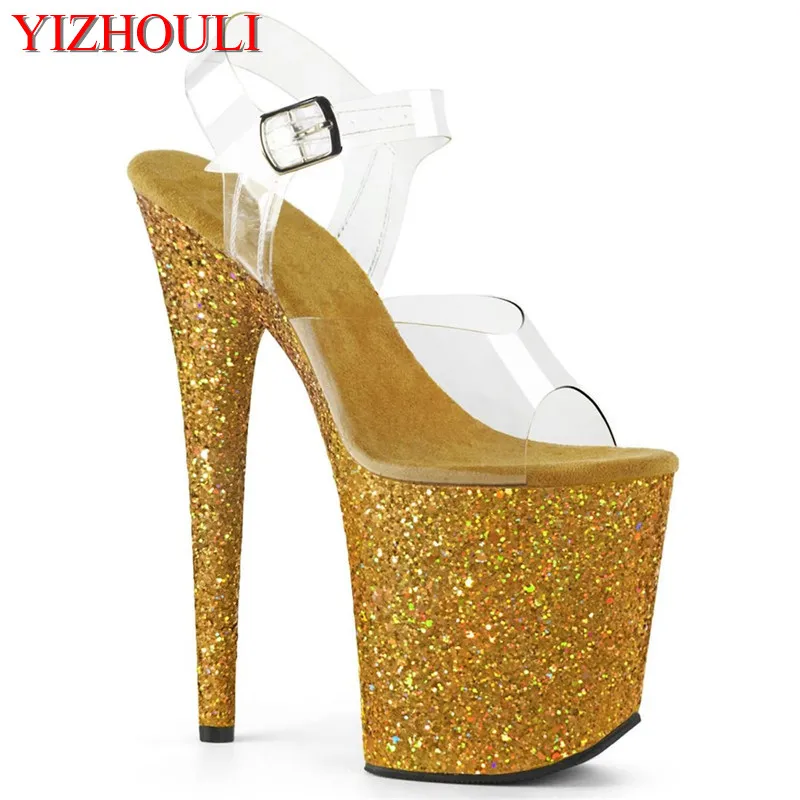 Sandales à paillettes dorées avec tige transparente, chaussures en ylène, modèle à talon haut de 20 cm, sac et l'offre elles pour les fêtes et les boîtes de nuit, 8 po