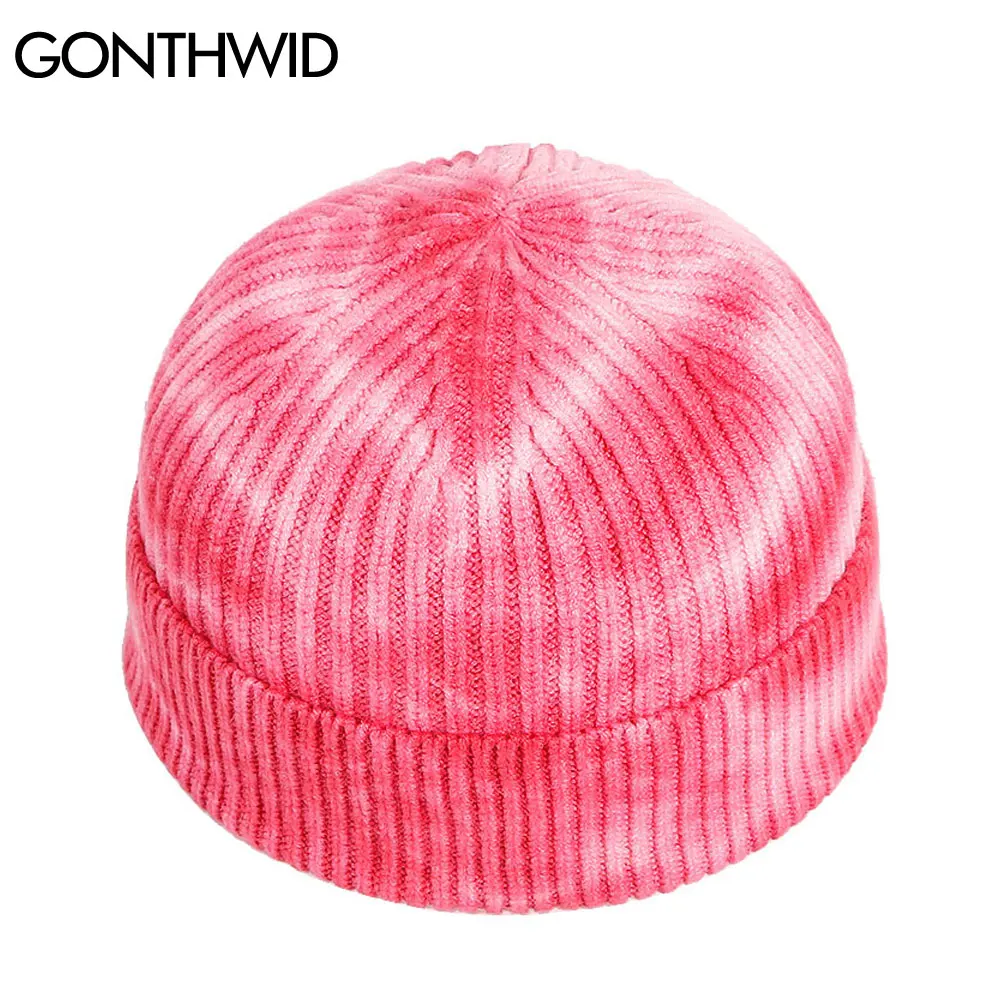 GONTHWID Knitted Tie Dye Beanies Hats Plain Cuff Beanie Knit Ski Cap Casual Skull Warm Solid Color Winter Blank Headwear Bonnets