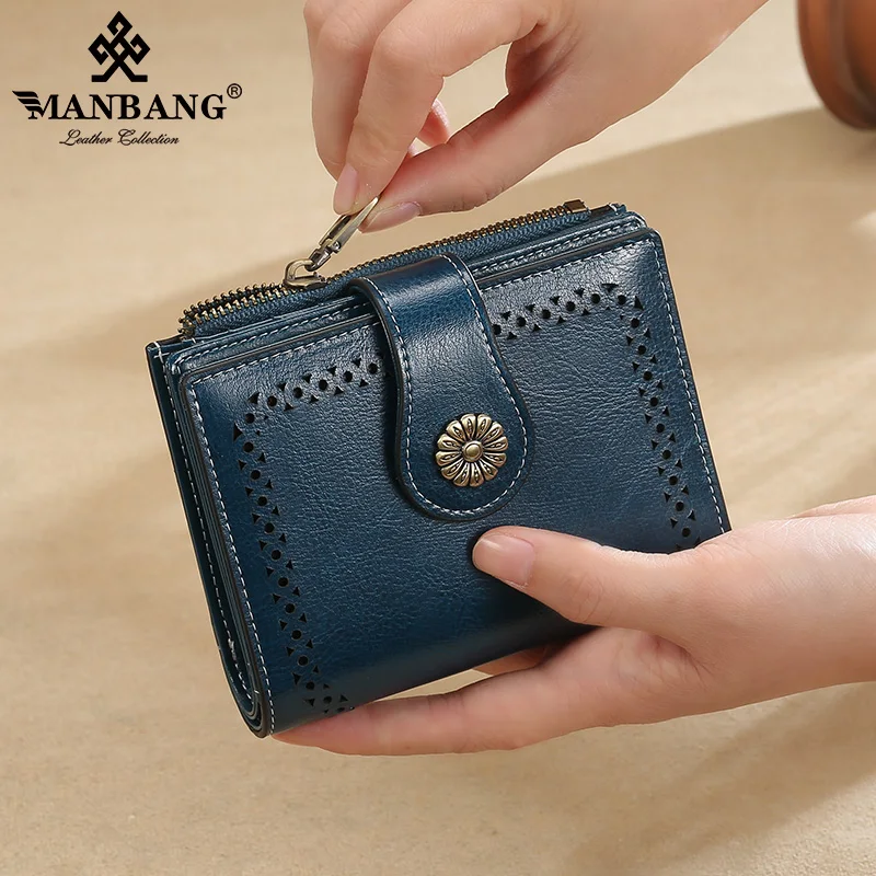 ManBang 2022 New Small Women Wallet Genuine Leather Bifold Purse with ID Window Women Leather Wallet Coin Purse high quality