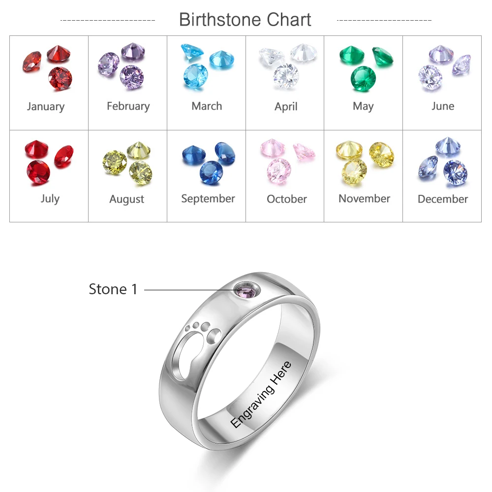 JewelOra Personalized Name Hollow Cute Baby Feet Ring with Birthstone Custom Inside Engraved Rings for Women Mother's Day Gifts