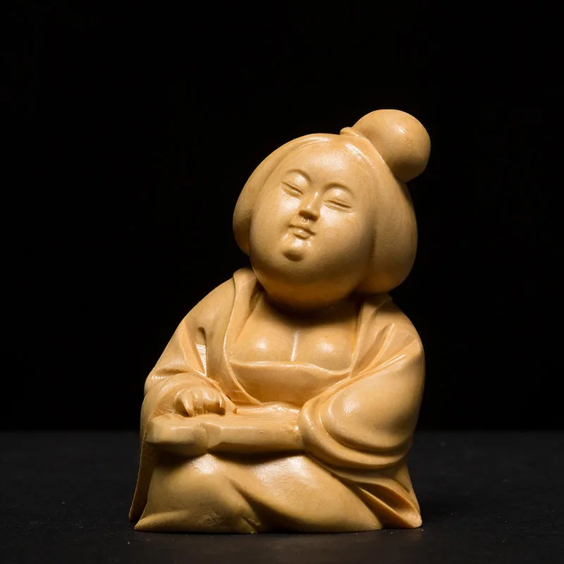 XS288-7.5X5.5X4.5 CM Boxwood Carving Chinese Beauty Figurine  -  Girl Playing Piano,Chess,Reading, Painting Ornaments