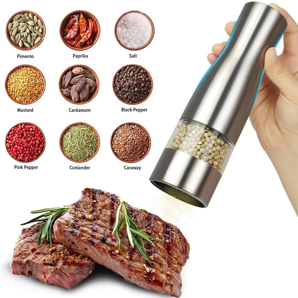 

2021 Electric Pepper Mill Stainless Steel Salt and Pepper Grinder Adjustable Ceramic with LED Light Kitchen Automatic Spice Mill