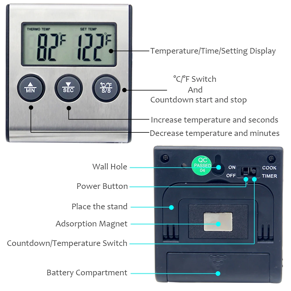 Digital Kitchen Timer Culinary Barbecue BBQ Thermometer Sensor For Oven Meat Coffe Milk With Food Grade Stainless Steel Probe