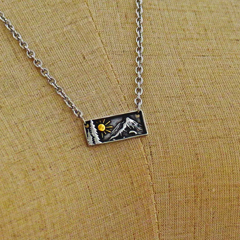 1pcs stainless steel Forest cute Mini Landscape Pendant Necklace sun and mount  Mixed Metals Nature Camping Hiking Jewelry
