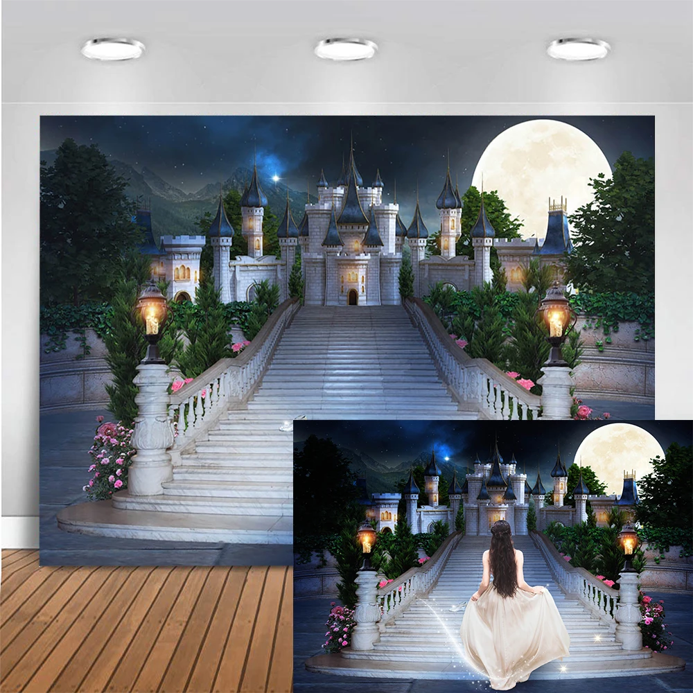 Princess Backdrop Birthday Party Wedding Photography Background Castle Stair Red Carpet Moon Fantasy Decoration Banner