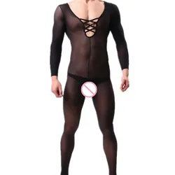 Pijama Sexy transparente para hombre, lencería erótica con entrepierna abierta, mono de peluche, disfraz de Cosplay