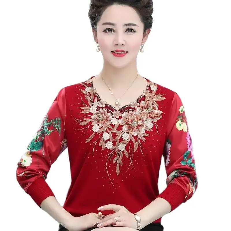 Middle-aged Elderly Women\'s Spring Thin Knitted Tops High Quality Embroidery Pullover Splicing Chiffon Sleeve Mother Jumper 5XL