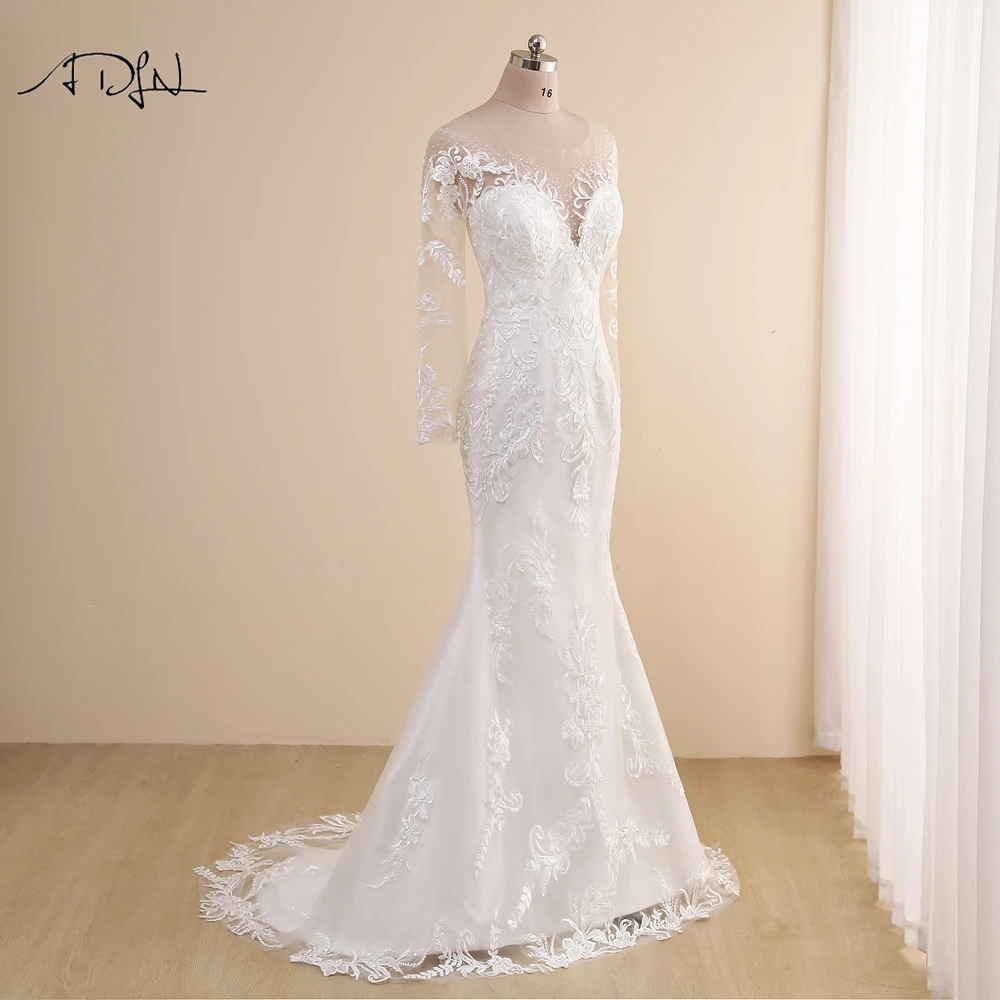 ADLN – robe de mariée sirène en dentelle, col transparent, manches longues, dos transparent, personnalisée, 2021