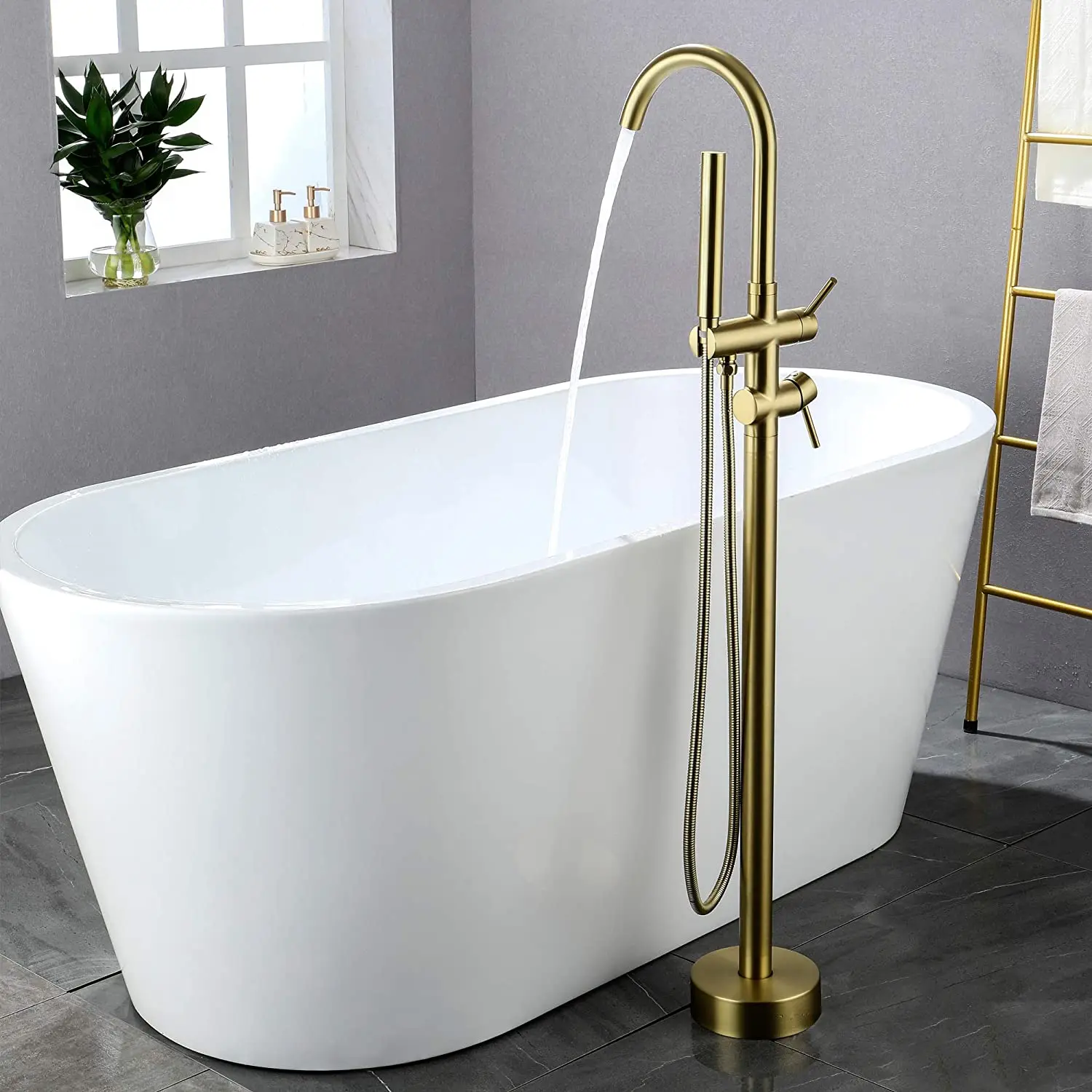 

Luxury Brushed gold Brass Freestanding Bathtub Faucet Shower faucet Bath Tub Filler Faucet with Handheld Shower head,Floor Mount