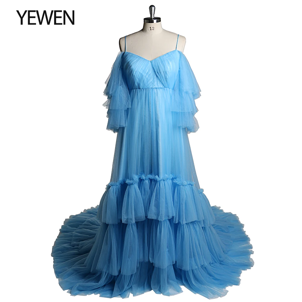 Blue Open Front Maternity Gown with Lining 2021 Tiered Long Sleeves Maternity Photography Dresses for Baby Shower YEWEN