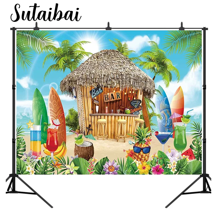 Summer Tropical Aloha Beach Backdrop Luau Seaside Bar Palm Tree Leaf Floral Surfboard Photography Background Baby Shower Banner