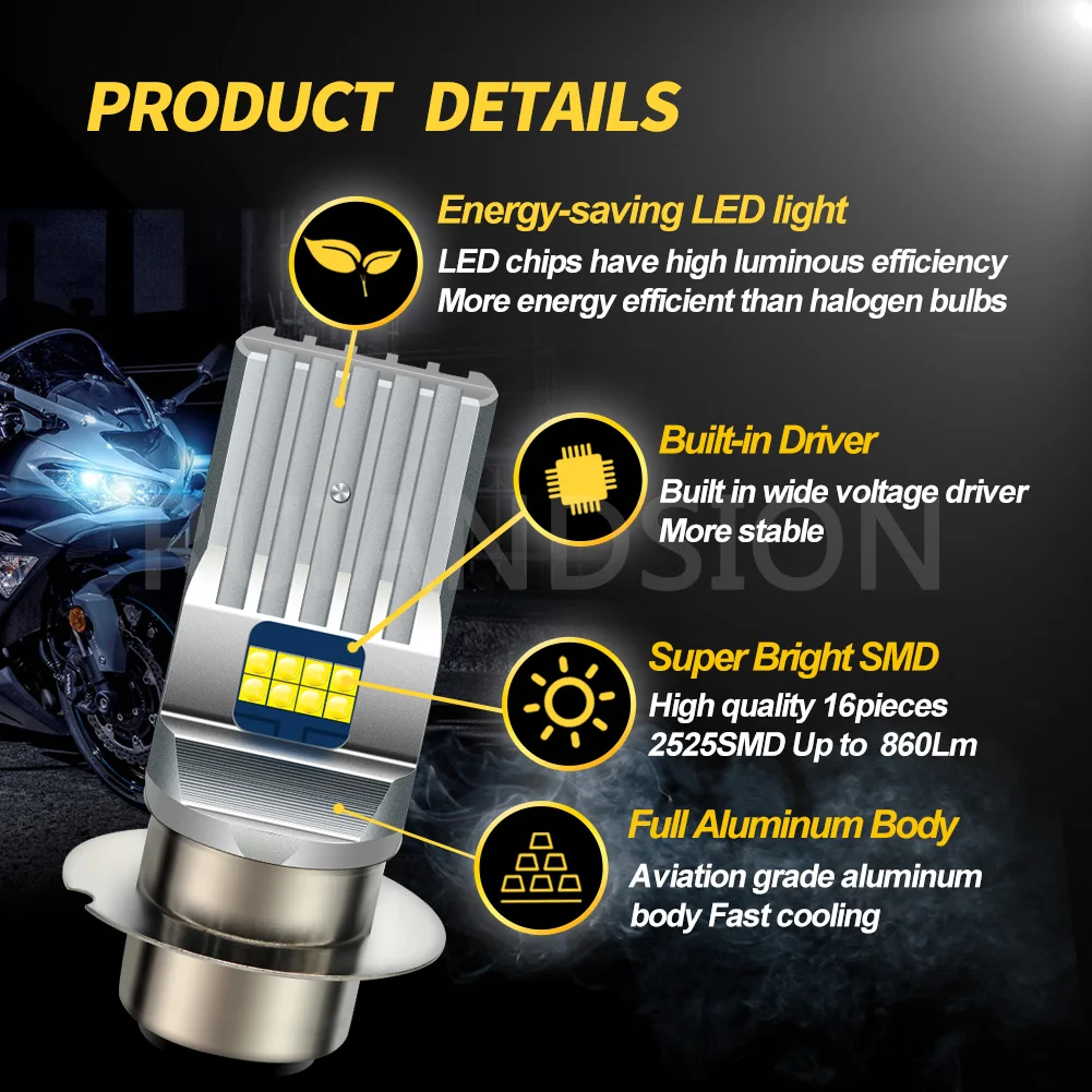 RUIANDSION 1Pcs P36D 6V-24V 12V Headlight Bulb Motorcycle LED Moped Scooter Driving Light 860Lm 2525SMD 6000K White