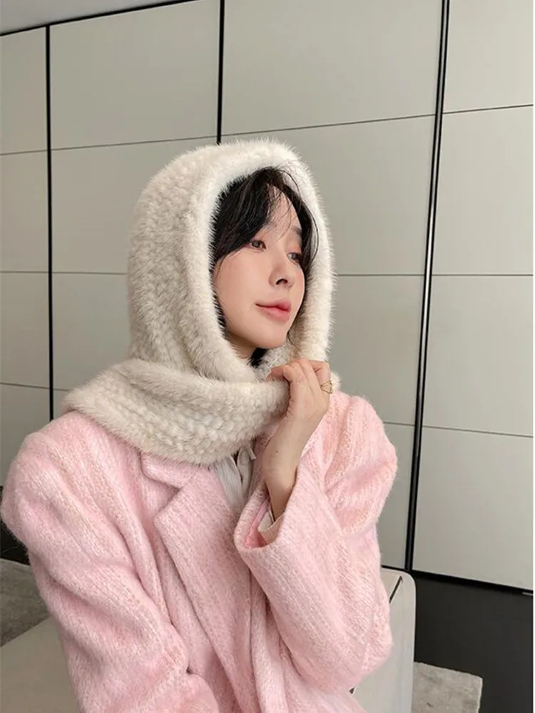 Hat with Neck Scarves Women New Knitted Real MInk Fur Hat Hooded Scarf Winter Hats for Women