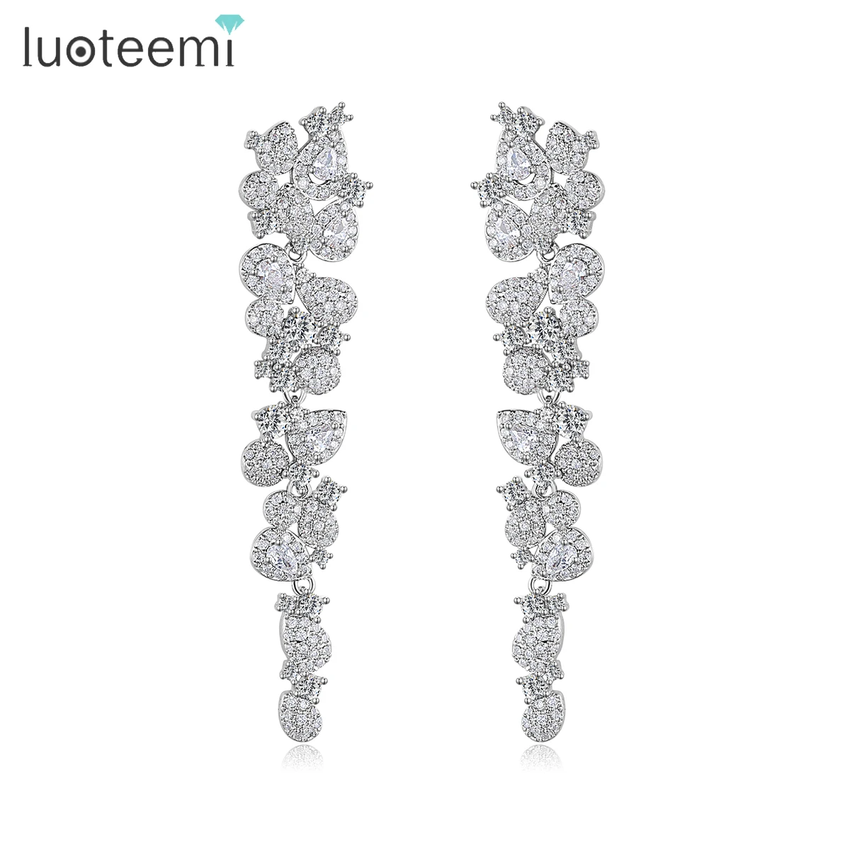 

LOUTEEMI New Fashion Lady Long Pendant Earrings Flower Pure White Cubic Zircons Jewelry Wedding Engagement Bridal Earrings