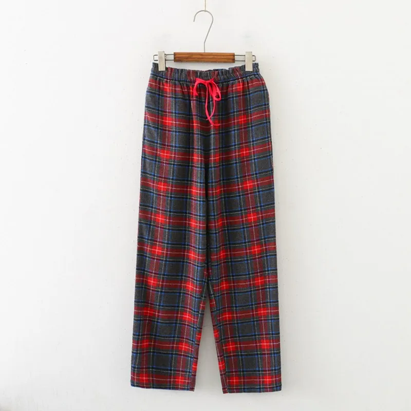 2024 Spring Autumn Women 100% Cotton Sleep Pants Lounge Wear Trousers Casual Plaid Home Pants Knitted Cotton Plaid Sleep Sports