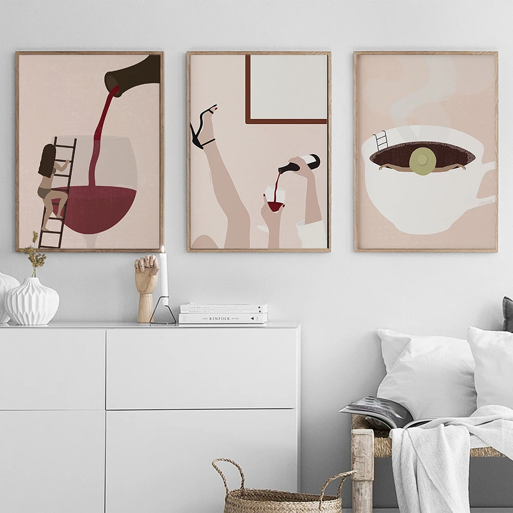 

Стеклянный винный женский принт, современная фреска, подарок для пары, абстрактная лестница для бутылки вина, постер, скандинавский бар, кухня, украшение для дома, безрамное